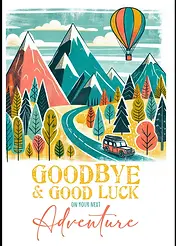 Playful Leaving Card by Biscuitmoon Designs -  Jeep on a winding path through a forested mountain landscape, with bright colors and a cheerful farewell message