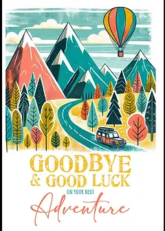 Playful Leaving Card by Biscuitmoon Designs -  Jeep on a winding path through a forested mountain landscape, with bright colors and a cheerful farewell message