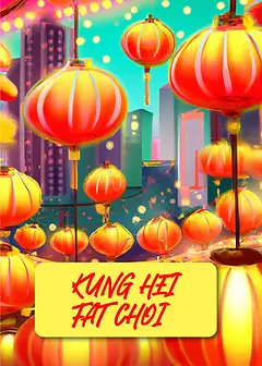 Cheerful Card by Biscuitmoon Designs -  illustration of red lanterns against a turquoise sky, accompanied by the festive greeting "KUNG HEI FAT CHOI"