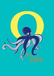 Playful Card by Little Sketch Studio - Illustrates an adorable octopus beside a prominent yellow "O," situated on a vivid turquoise backdrop