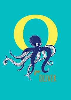 Playful Card by Little Sketch Studio - Illustrates an adorable octopus beside a prominent yellow "O," situated on a vivid turquoise backdrop