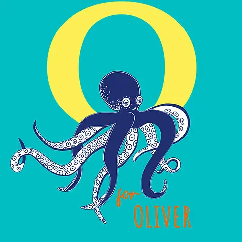 Playful Card by Little Sketch Studio - Illustrates an adorable octopus beside a prominent yellow "O," situated on a vivid turquoise backdrop