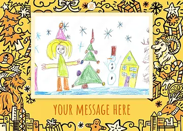 Child's drawing of a person, tree, snowman, and house in snow by Discovery Bay International School for Christmas.