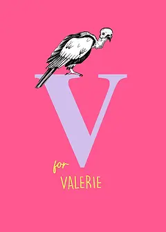 Playful Card by Little Sketch Studio -  illustration of a vulture on a bold lavender "V," with "for" in a bright yellow color, all against a cheerful pink background