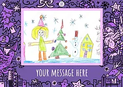 Child's drawing of a person, tree, snowman, and house by Discovery Bay International School for Christmas.