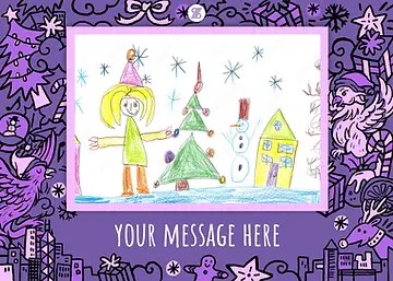 Child's drawing of a person, tree, snowman, and house by Discovery Bay International School for Christmas.