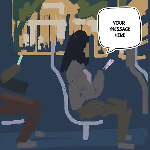 Artistic Card by Sketcher Sid - illustration of two passengers on a bus or train, one engaged with a smartphone, set against a backdrop of city lights
