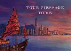 Peaceful Card by DWD - Features a tranquil harbor scene with a silhouette of a city skyline and traditional boats, bathed in the soft colors of twilight, creating a serene atmosphere