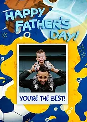 Charming Card by Skye Lame - Presents a colorful backdrop of sports-related illustrations, with "HAPPY FATHER'S DAY!" boldly displayed