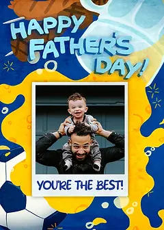 Charming Card by Skye Lame - Presents a colorful backdrop of sports-related illustrations, with "HAPPY FATHER'S DAY!" boldly displayed