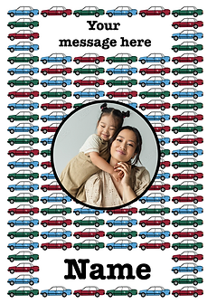 Playful Card by Liz Fry Design - Illustrates a fun arrangement of various colored cars surrounding a central black circle, which has two blank sections at the top for personalised messages