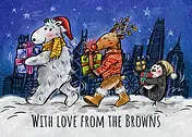 Christmas card by Box of Hope showing a polar bear, reindeer, and penguin carrying gifts through a snowy city at night.