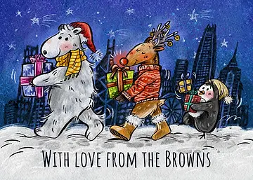 Christmas card by Box of Hope showing a polar bear, reindeer, and penguin carrying gifts through a snowy city at night.