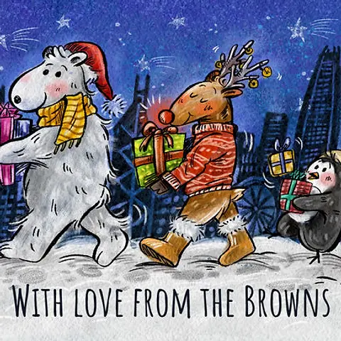 Christmas card by Box of Hope showing a polar bear, reindeer, and penguin carrying gifts through a snowy city at night.