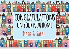 Whimsical Card by Biscuitmoon Designs -  Light blue background framed by a collage of whimsical, multicolored houses, with a central message reading "Congratulations on Your New Home"