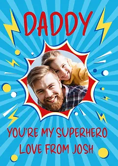 Playful Card by by Biscuitmoon Designs - Lively blue background with comic-style elements, displaying "YOU'RE MY SUPERHERO" prominently in a fun font