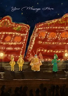 Editable Artistic Card by Esther Illustration - Showing performers in traditional attire on stage, with twinkling lights from buildings and the text "Greetings from Hong Kong"