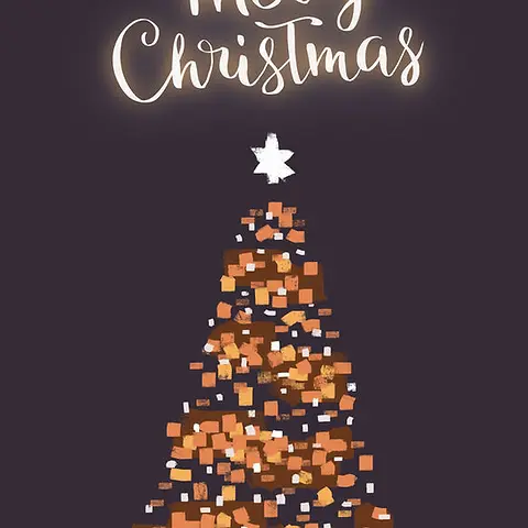 Joyful Card by Sketcher Sid -  illustration of a Christmas tree adorned with warm orange lights and decorations, topped with a white star, accompanied by the text "Merry Christmas" in a glowing script
