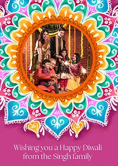 Diwali Rangoli photo upload greeting card by Roksaan featuring a vibrant, colorful floral mandala frame and editable space.