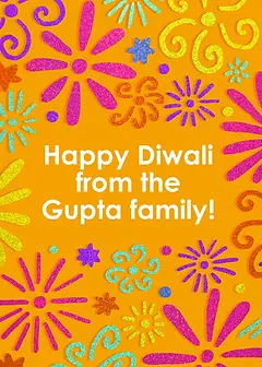 Editable Diwali greeting card by Roksaan featuring vibrant, glittery firework and floral patterns on an orange background.