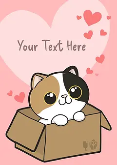 Playful Card by Pawsome Island - illustration of a cheerful cat with a patchy coat sitting in a cardboard box, surrounded by pink hearts on a light pink background