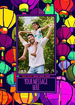 Vibrant Card by Biscuitmoon Designs - Striking background of colorful lanterns, with an empty white section in the center for a message, framed in purple for emphasis