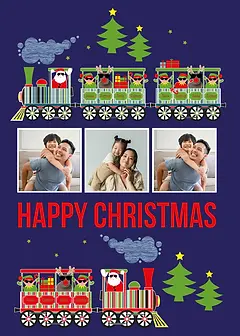 Customisable Whimsical Card by Biscuitmoon Designs - Santa driving a decorated train filled with gifts and festive characters, under a starlit sky and surrounded by evergreen trees