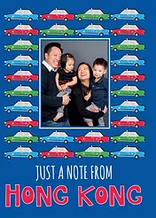 Whimsical Card by Biscuitmoon Designs - illustration of various cars in red and green on a vibrant blue backdrop, with "HONG KONG" in bold letters