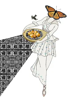 Whimsical Card by Katie Lee Studios - Displays whimsical figure with a butterfly for a head, gracefully carrying a Siu Mai platter against a contrasting patterned backdrop