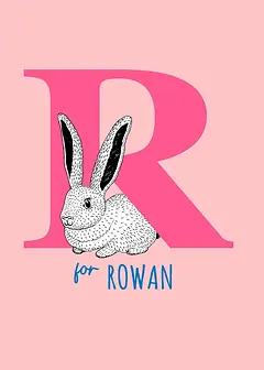 Playful Card by Little Sketch Studio -  illustration of a rabbit next to a large pink letter "R," with "for" in blue, all against a soft pink background