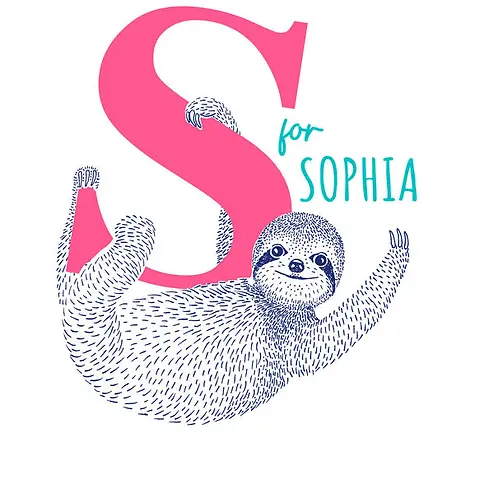  Playful Card by Little Sketch Studio -  Depicts a vibrant pink "S" alongside a relaxed sloth illustration, with the word "for" positioned to indicate a playful context