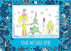 Child's Christmas drawing of a girl, tree, snowman, and house by Discovery Bay International School.