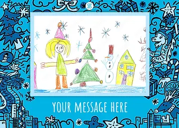 Child's Christmas drawing of a girl, tree, snowman, and house by Discovery Bay International School.