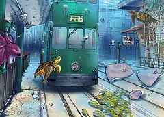 Whimsical Card by DWD - A unique depiction of a green tram submerged underwater, surrounded by turtles, jellyfish, and colorful fish, creating a dreamlike aquatic environment
