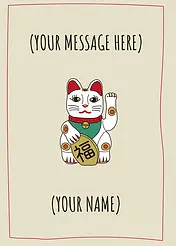 Charming Card by Graphik Recollection - Maneki-neko, symbolizing good luck and prosperity, with vibrant colors and intricate details, highlighted on a light beige background