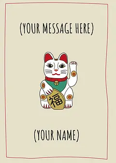 Charming Card by Graphik Recollection - Maneki-neko, symbolizing good luck and prosperity, with vibrant colors and intricate details, highlighted on a light beige background