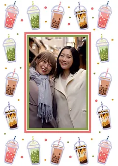 Playful Card by Biscuitmoon Designs - illustration of milkshakes and bubble tea around a green empty space upload photo
