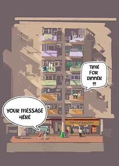 Artistic Card by Sketcher Sid - illustration of a multi-story building with residents visible on balconies, and people below heading to a bakery, featuring a speech bubble that says "TIME FOR DINNER!!!"
