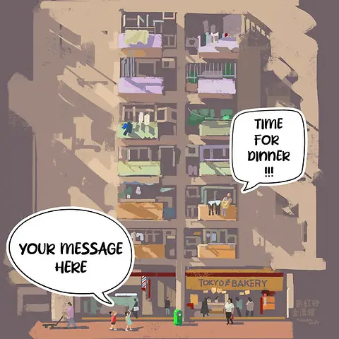 Artistic Card by Sketcher Sid - illustration of a multi-story building with residents visible on balconies, and people below heading to a bakery, featuring a speech bubble that says "TIME FOR DINNER!!!"