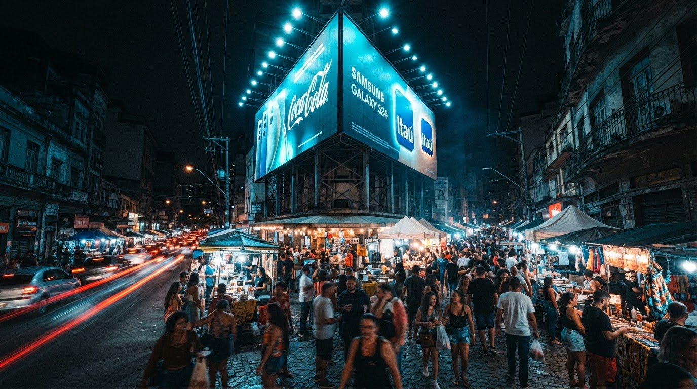 Painel de LED da Sonora exibindo anúncios à noite em Avaré