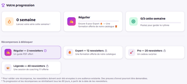 Tableau de bord Plumia montrant la progression et les récompenses à débloquer
