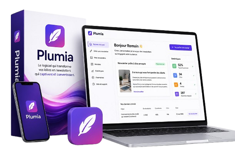 Ordinateur affichant une newsletter Plumia avec notifications de ventes