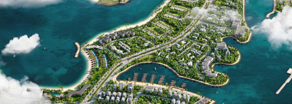 Dubai Islands aerial view showing marina, beaches, and waterfront communities
