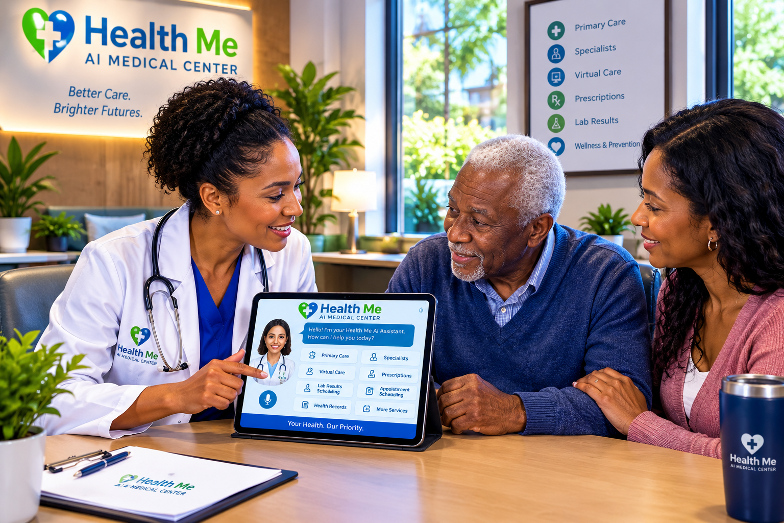 Doctor guiding an elderly couple through the Health Me AI tablet assistant
