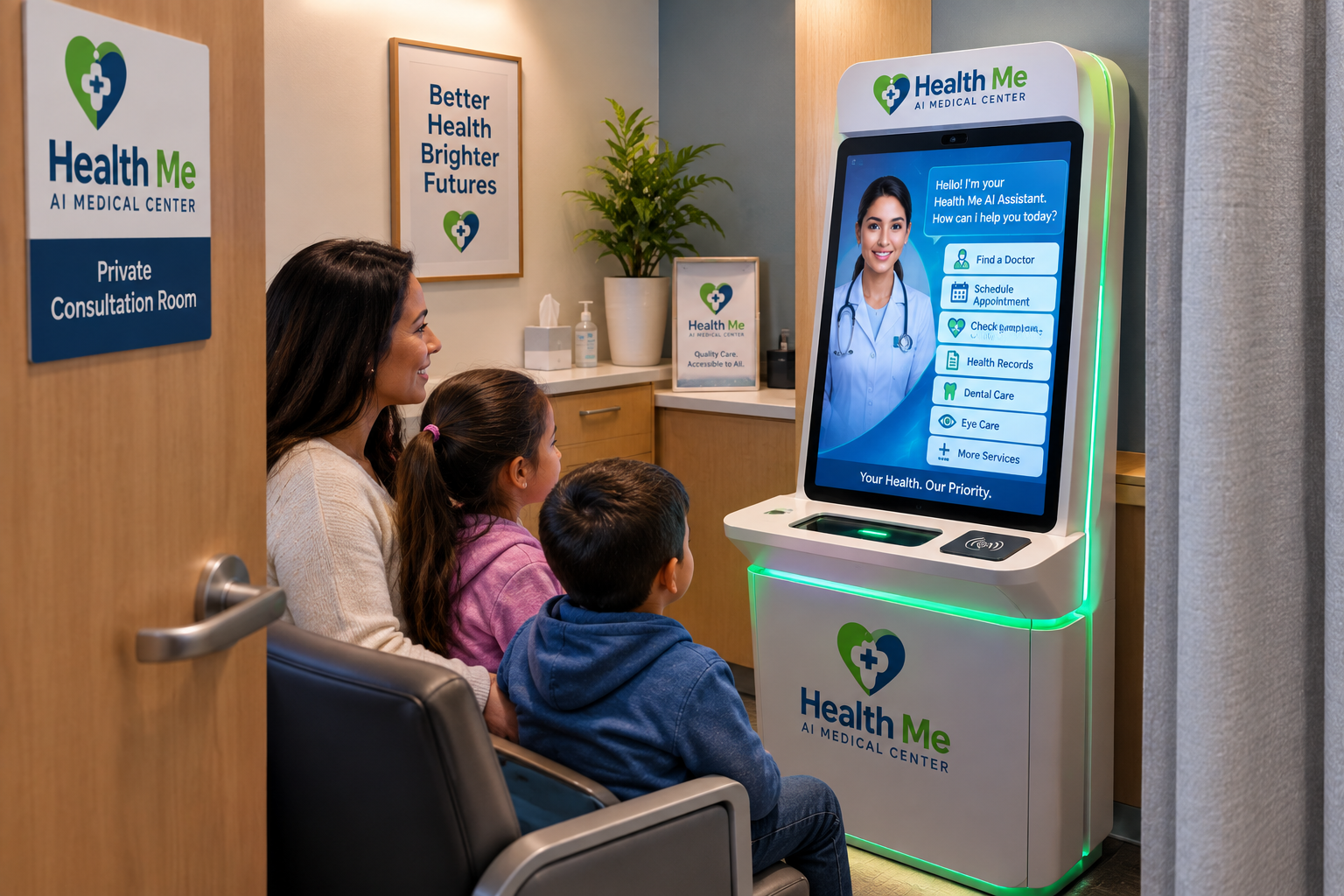 Health Me AI kiosk in a bright waiting room