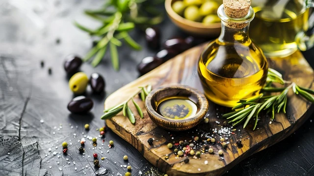 Olive oil with peppercorns, rosemary, and rustic bowls on a dark surface