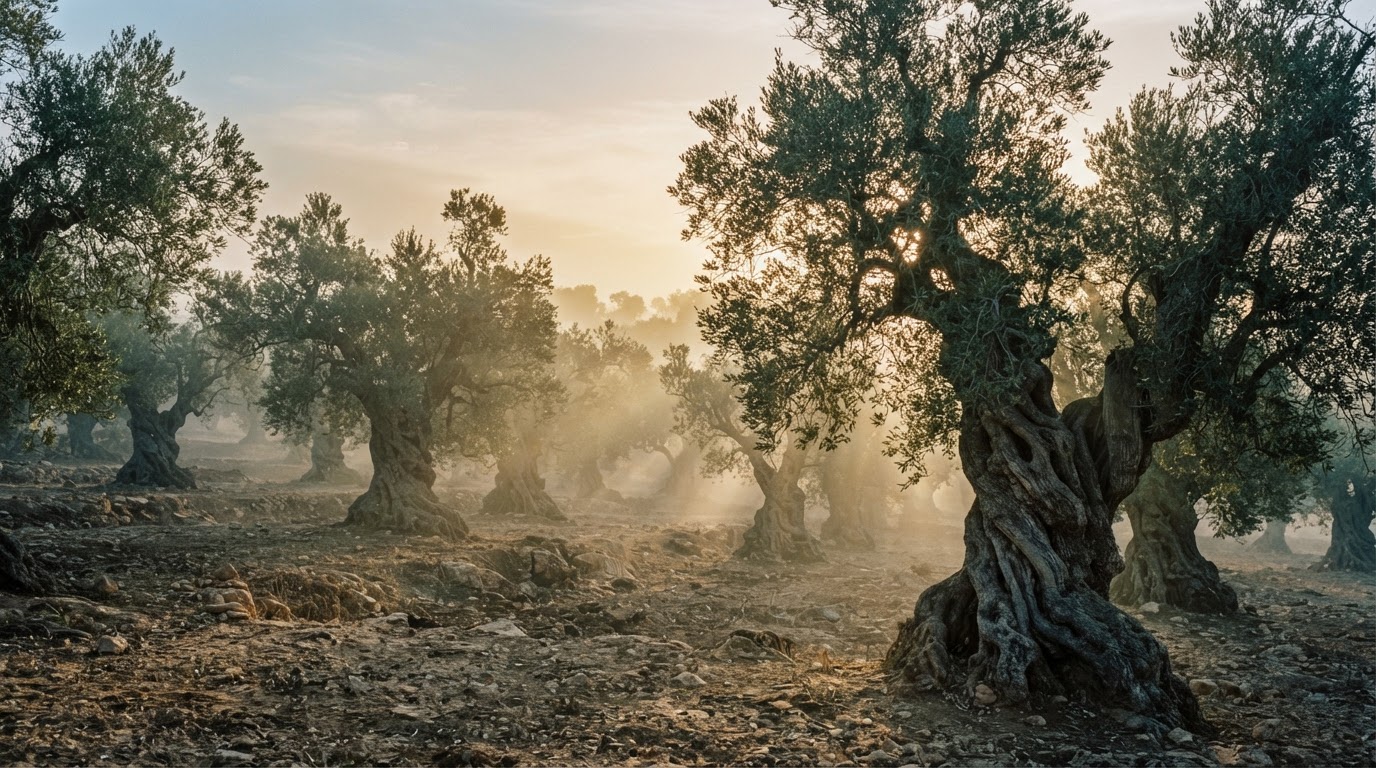 Ancient Tunisian olive groves at dawn with golden mist