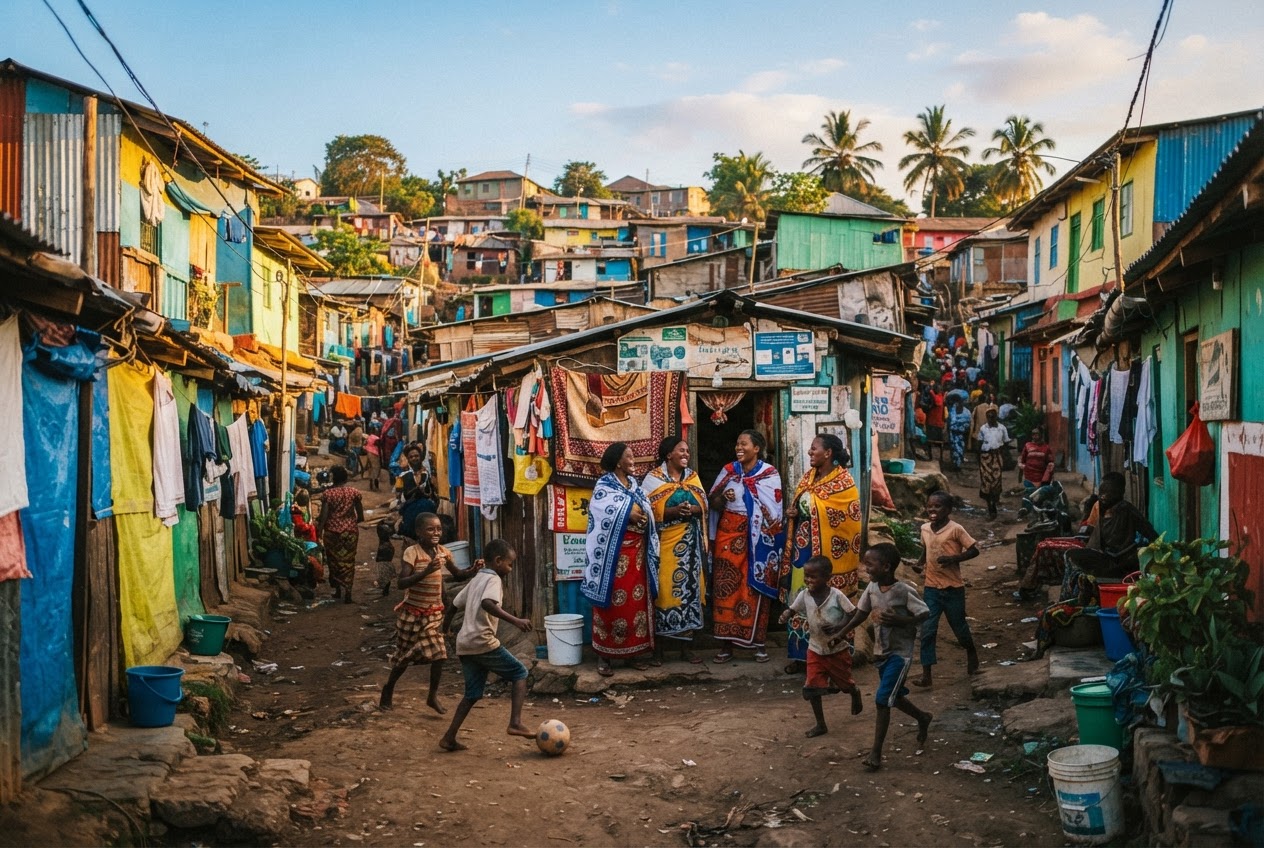 Daily life in an informal settlement in Mombasa, Kenya, showing the resilience and community spirit of residents