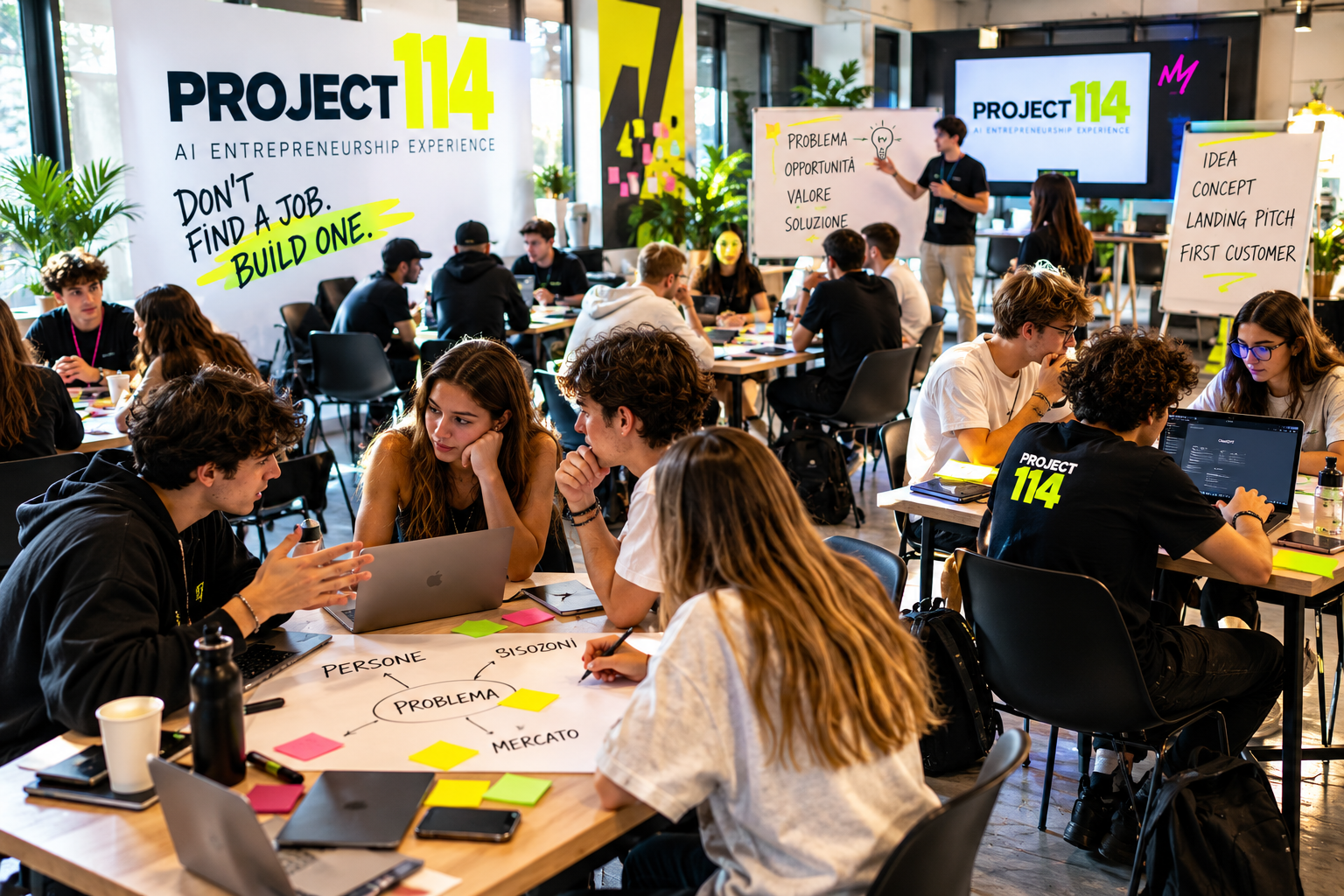 Giovani partecipanti a Project 114 lavorano insieme su idee imprenditoriali utilizzando l'intelligenza artificiale.