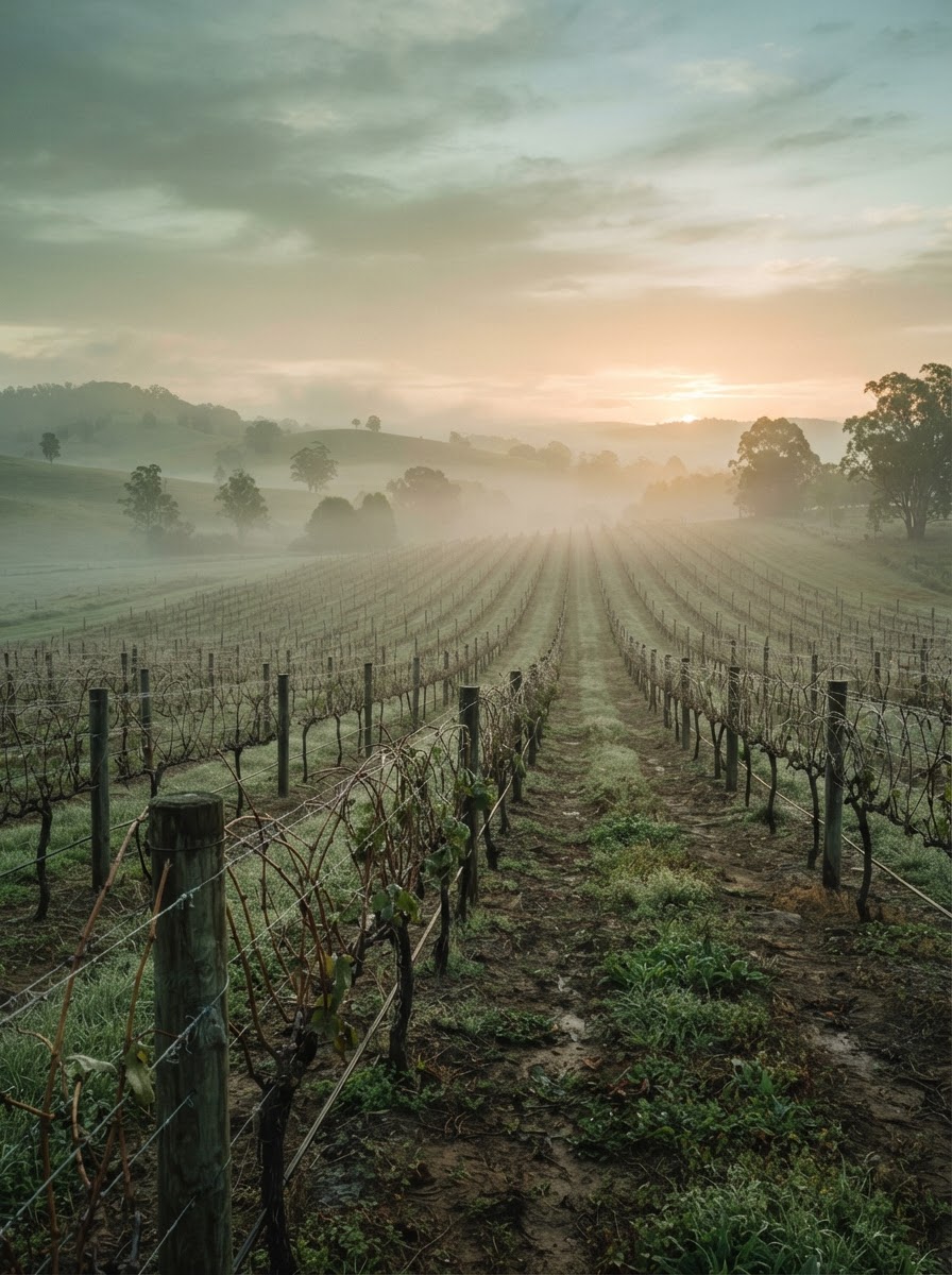 Misty morning vineyard rows